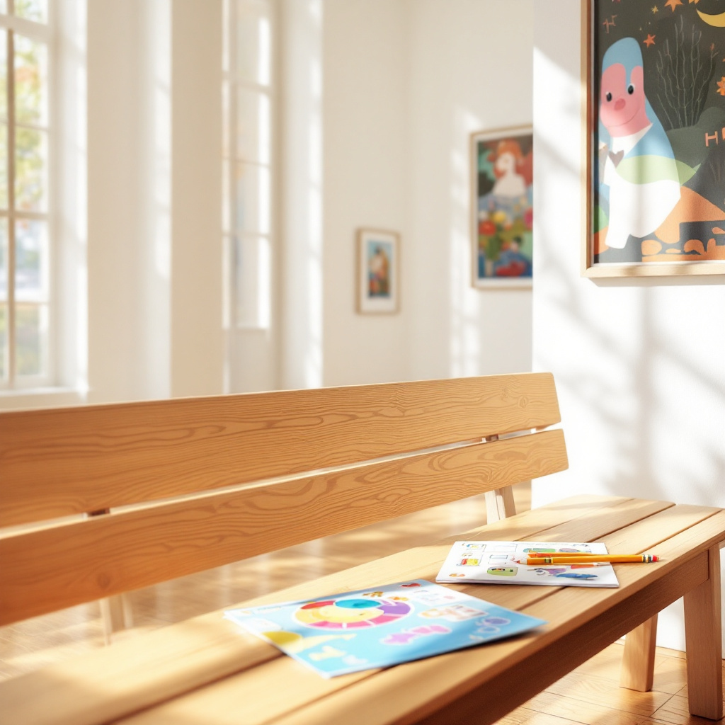 Museumsbesuch mit Kindern Tipps: helle Museumsräume mit Kunstwerken und kindgerechten Aktivitätsheften auf einer Bank